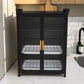 Gabinete organizador de vajilla KC-801 negro, vista frontal con puertas translúcidas cerradas, jaladeras doradas, rejillas interiores negras y bandejas de drenaje blancas.