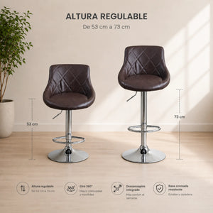 Comparativa de altura regulable de 53 cm a 73 cm en taburete de bar chocolate