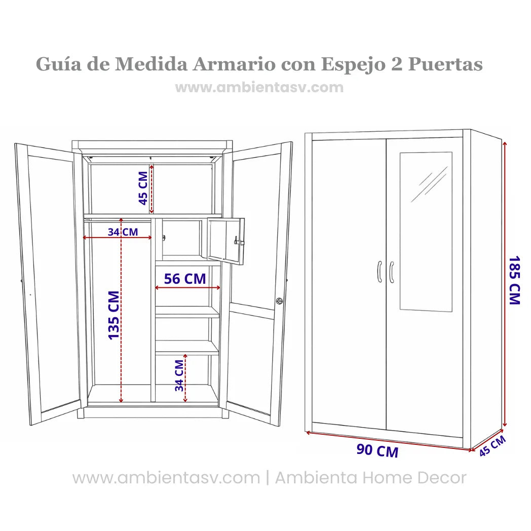 Guía de medidas del armario con espejo de 2 puertas Ambienta Home Decor: altura 185 cm, ancho 90 cm, fondo 45 cm; incluye distribución interior con espacio para colgar, repisas y compartimento con cerradura. Compatible con todos los modelos BP-2502, BP-2503, BP-2504, BP-2505 y BP-2506.