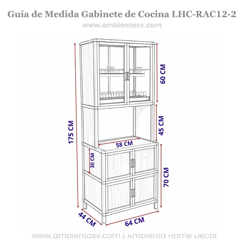 Guía de medidas del gabinete de cocina LHC-RAC12-2 de Ambienta Home Decor con dimensiones de 175 cm de alto, 64 cm de ancho, 44 cm de profundidad, vitrina superior de 60 cm, espacio central de 45 cm y módulo inferior de 70 cm.