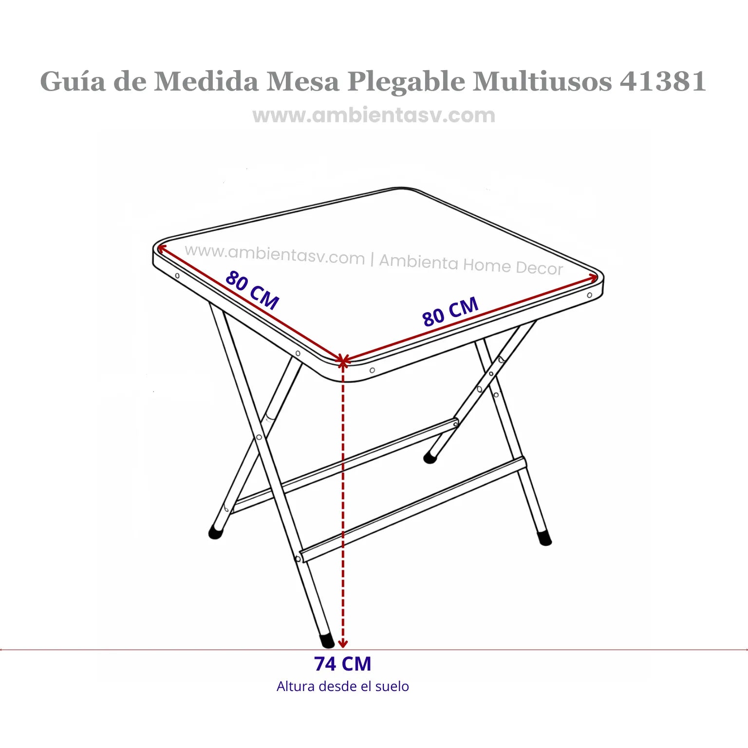 Guía de medidas de mesa plegable multiusos cuadrada tipo mármol con dimensiones de 80 x 80 cm y 74 cm de altura.