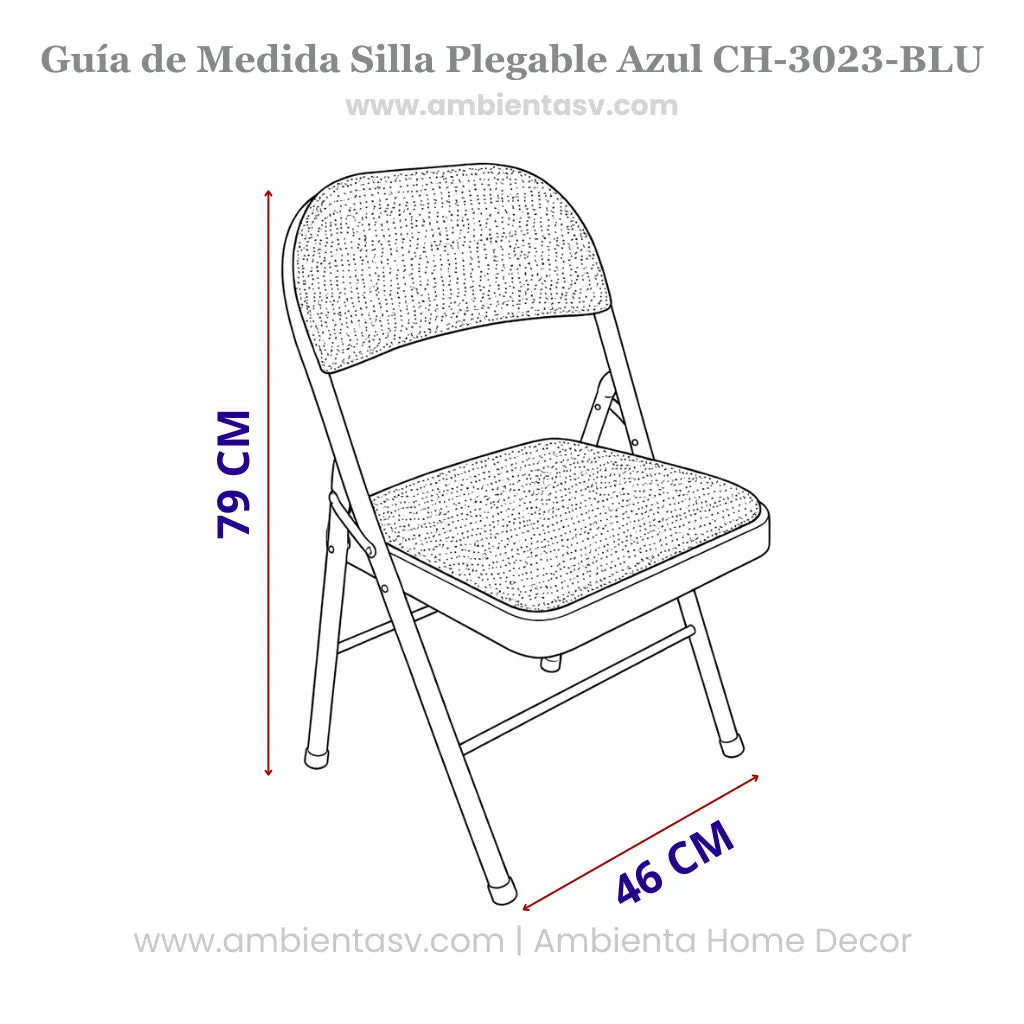 Guía de medidas de silla plegable azul CH-3023-BLU con altura de 79 cm y base visible de 46 cm, Ambienta Home Decor.
