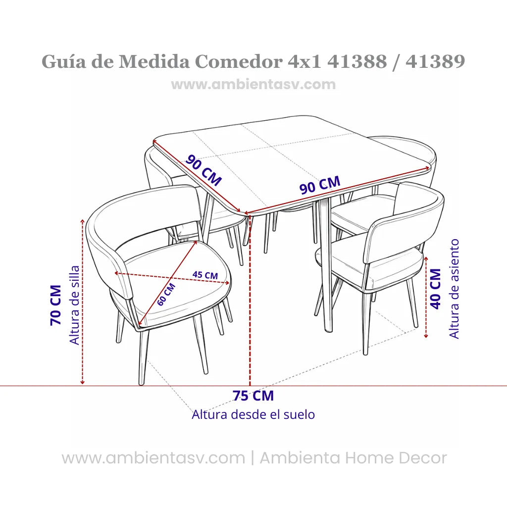 Guía de medidas de comedor 4 personas modelos 41388 y 41389 con mesa 90x90 cm, altura 75 cm y dimensiones de sillas