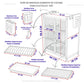 Guía de medidas del gabinete organizador de cocina para platos KC-801 Ambienta, con dimensiones del mueble (44 × 28 × 58.5 cm) y medidas detalladas del porta cuchillos, porta cubiertos, ganchos, soporte para platos, repisas metálicas y bandejas removibles.