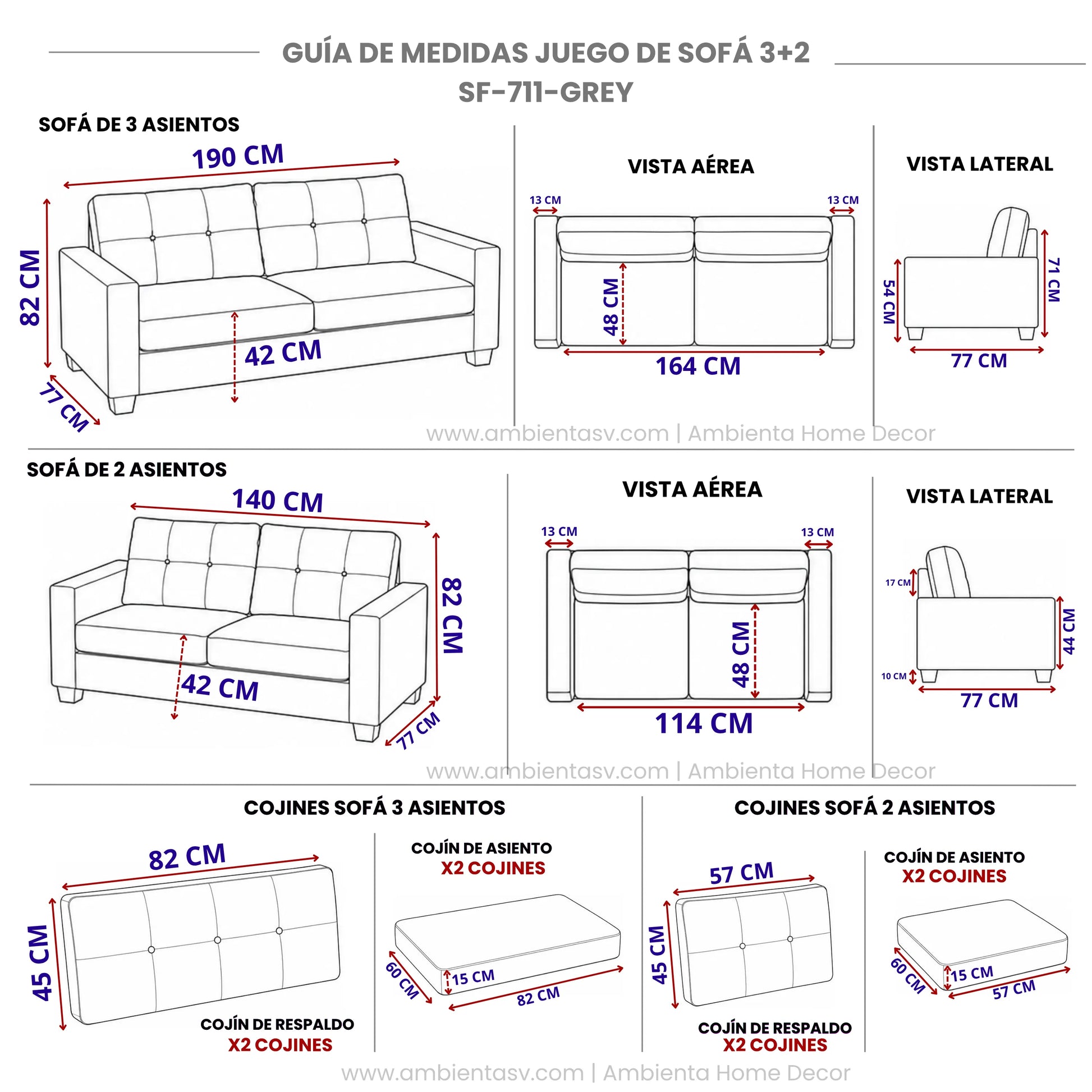 Guía de medidas del juego de sofá 3+2 SF-711-GREY, con dimensiones del sofá de 3 asientos, sofá de 2 asientos, vistas aéreas, laterales y medidas de cojines.