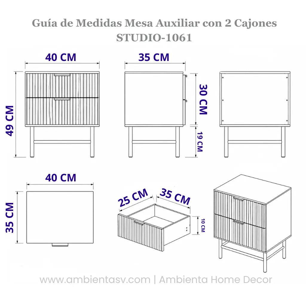 Guía de medidas de mesa auxiliar STUDIO-1061 verde oliva con 2 cajones, ancho 40 cm, fondo 35 cm y alto total 49 cm.