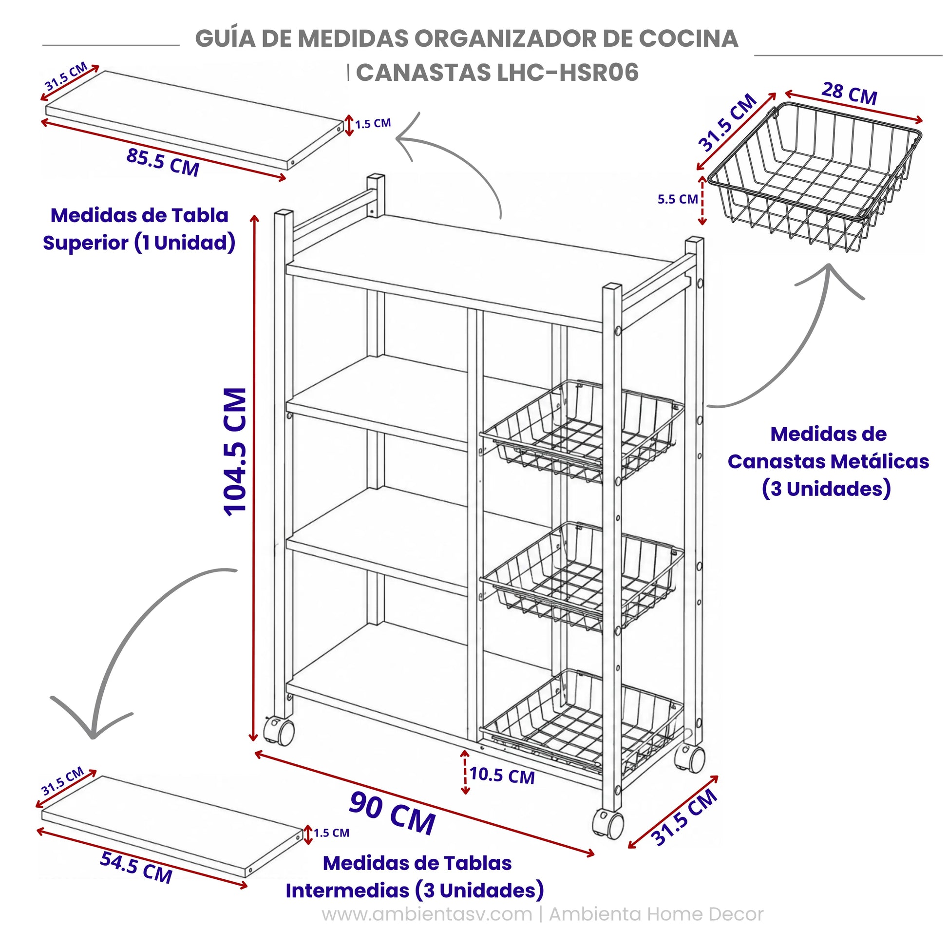 Guía de medidas del organizador de cocina metálico Ambienta Home Decor modelo LHC-HSR06 con dimensiones generales, repisas y canastas metálicas.