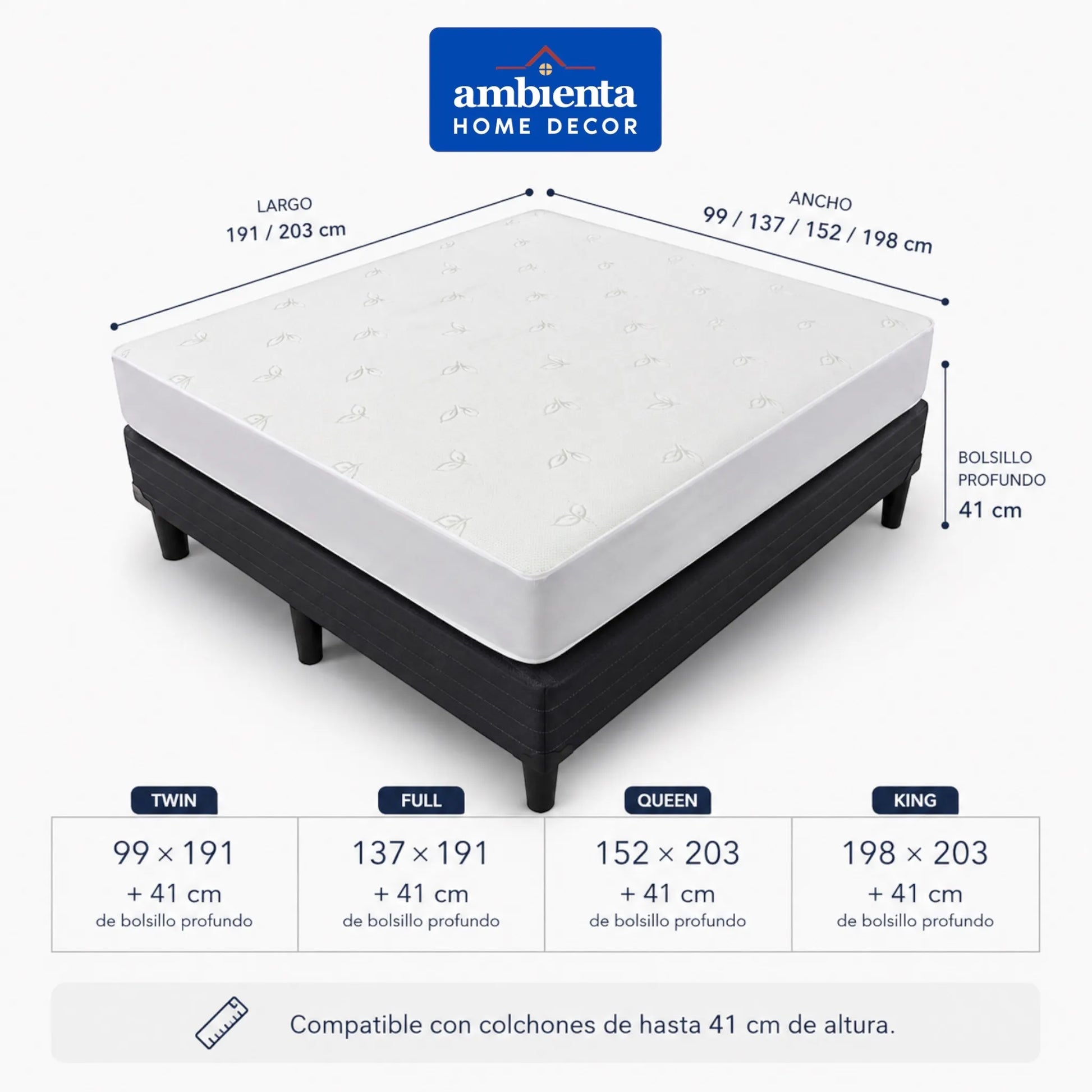 Guía de medidas Ambienta para protector de colchón con tallas Twin 99 x 191 cm, Full 137 x 191 cm, Queen 152 x 203 cm y King 198 x 203 cm, con bolsillo profundo de 41 cm.