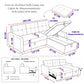 Guía de medidas del sofá cama 2 en 1 con cajón de almacenamiento Ambienta Home Decor modelos SFB-6082 y SFB-6081. Incluye dimensiones generales de 200 × 82 × 83 cm, medidas del modo cama de 172 × 150 cm, dimensiones del cajón de almacenamiento, tamaño de los tres cojines, altura del asiento, profundidad, mecanismo de apertura y vistas técnicas ilustradas para facilitar la instalación y comprensión del producto.