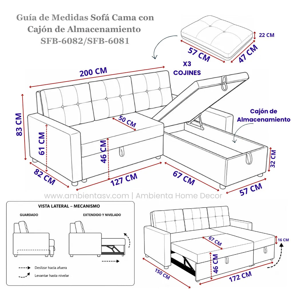 Guía de medidas del sofá cama 2 en 1 con cajón de almacenamiento Ambienta Home Decor modelos SFB-6082 y SFB-6081. Incluye dimensiones generales de 200 × 82 × 83 cm, medidas del modo cama de 172 × 150 cm, dimensiones del cajón de almacenamiento, tamaño de los tres cojines, altura del asiento, profundidad, mecanismo de apertura y vistas técnicas ilustradas para facilitar la instalación y comprensión del producto.