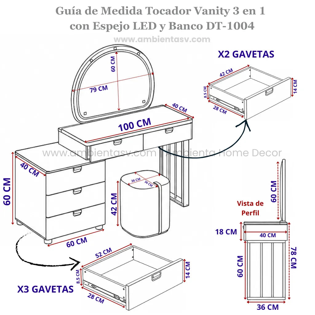 Guía de medidas del Tocador Vanity 3 en 1 DT-1004 de Ambienta Home Decor con espejo LED de 79 x 60 cm, escritorio de 100 x 40 cm, gavetero lateral de 60 x 40 cm, banco de 42 cm y gavetas amplias.