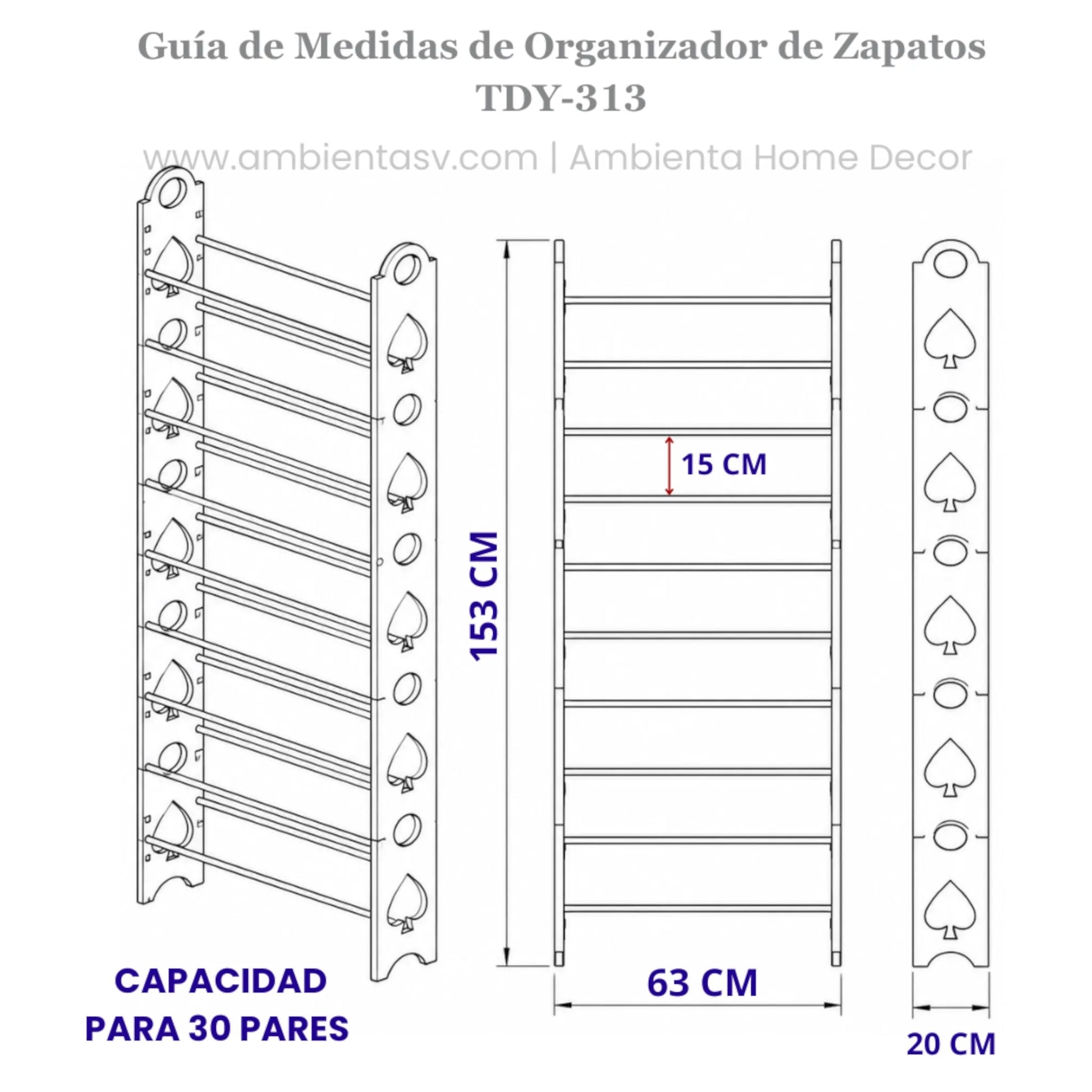 Guía de medidas de zapatera Tidy House TDY-313, capacidad para 30 pares, medidas 63 cm x 20 cm x 153 cm.