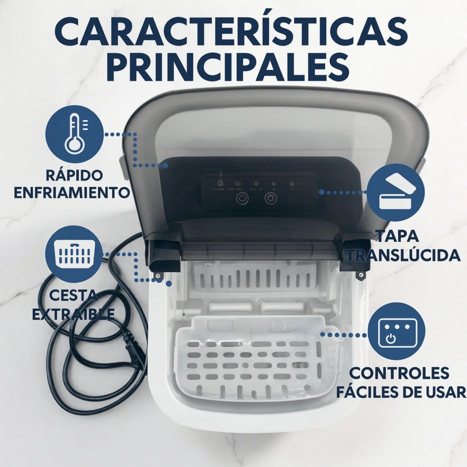 Vista superior de la Homestar HS-Z6Y1B con tapa translúcida levantada; se aprecian los controles superiores y la cesta extraíble del compartimento de hielo.
