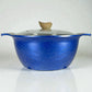 Olla grande HotChef de granito color azul jaspeado, medida 34 cm x 16 cm (aprox. 14 L), con tapa de vidrio y perilla tipo madera, vista frontal sobre fondo blanco.