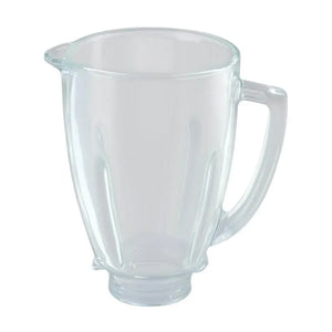 Jarra/vaso de licuadora Oster BLSTAJ-G00, vidrio transparente de 1.5 litros, vista frontal con asa a la derecha y pico vertedor; fondo blanco limpio.