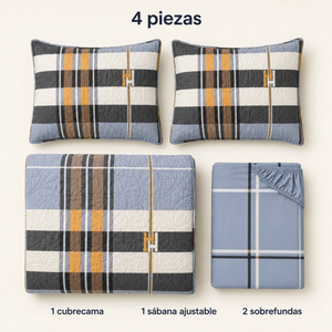 Contenido del juego de 4 piezas: un cubrecama, un forro ajustable y dos sobrefundas.