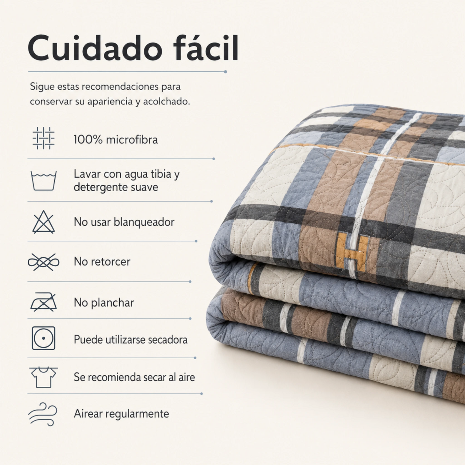 Instrucciones de cuidado para el juego de cubrecama de microfibra con diseño de cuadros azul y gris.