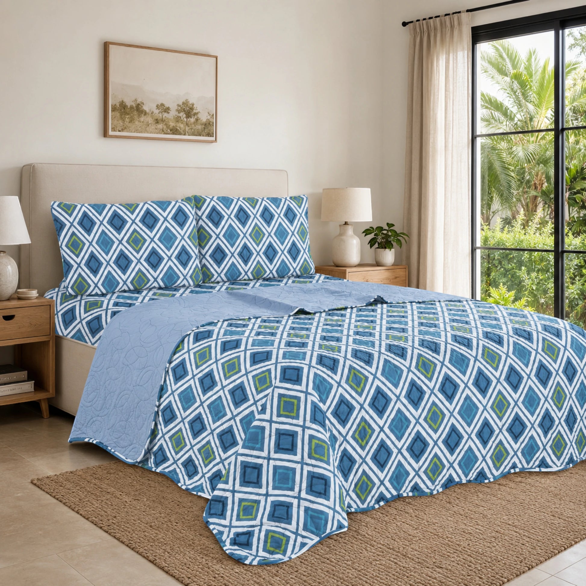 Juego de cubrecama reversible con rombos azules y verdes, y reverso azul claro, sobre una cama.