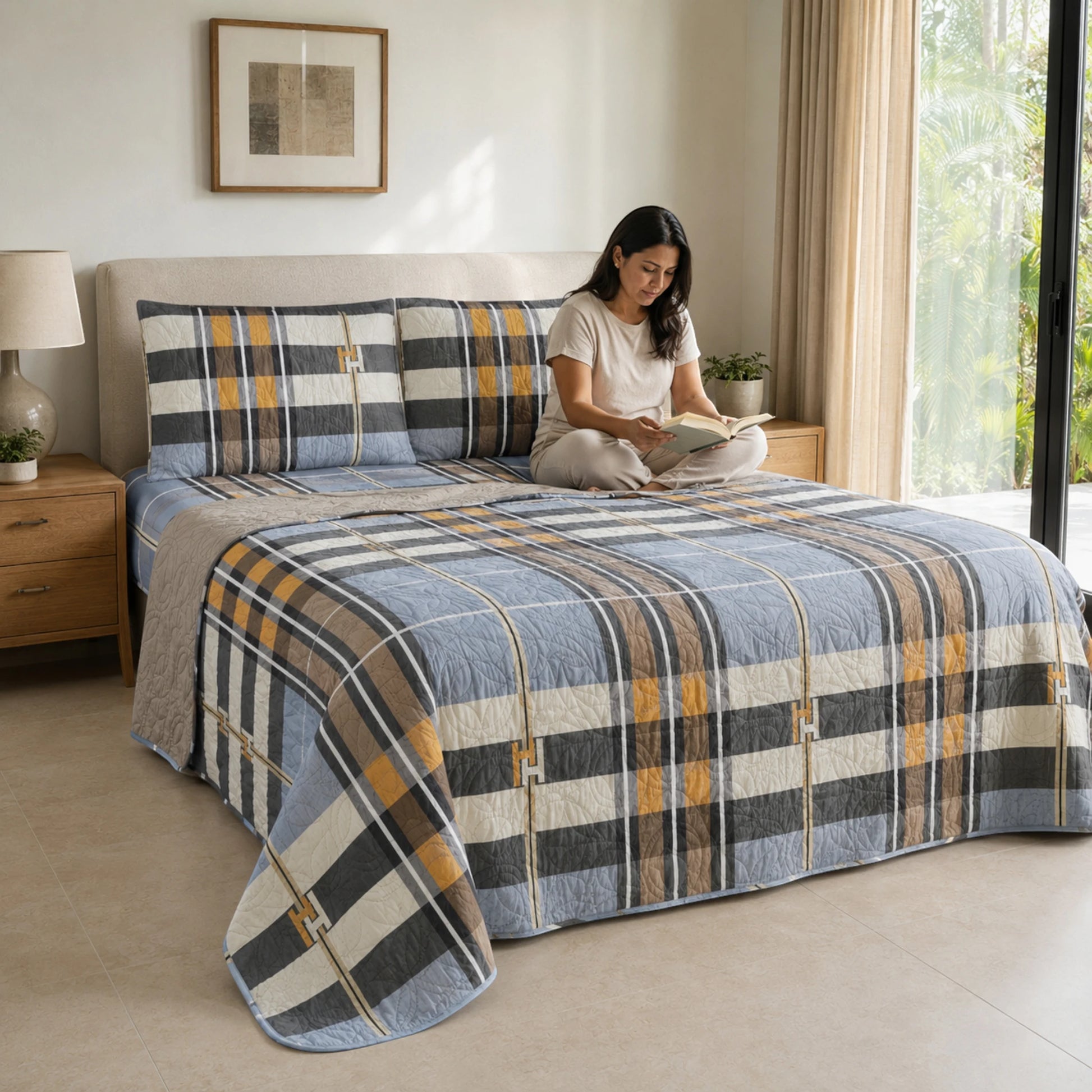 Mujer leyendo sobre una cama con cubrecama reversible de cuadros azul, gris y mostaza.