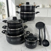 Batería de Cocina ROCA Antiadherente 12 Piezas con Tapas de Vidrio + Utensilios - Negro