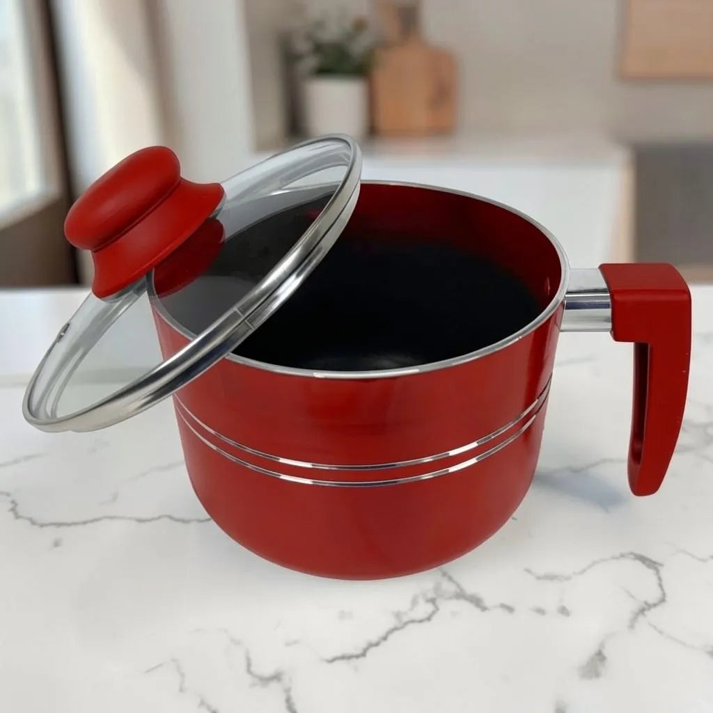 Lechero ROCA rojo antiadherente con tapa de vidrio y mango ergonómico, parte del set de ollas KFS12000/RED.