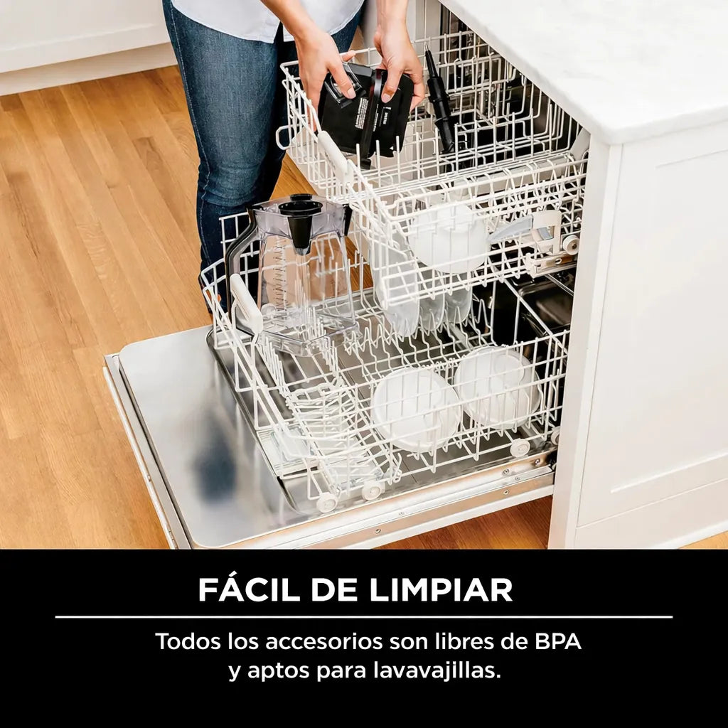 Accesorios de la licuadora Ninja Professional Plus BN701 colocados en lavavajillas, destacando que son libres de BPA y aptos para lavavajillas.