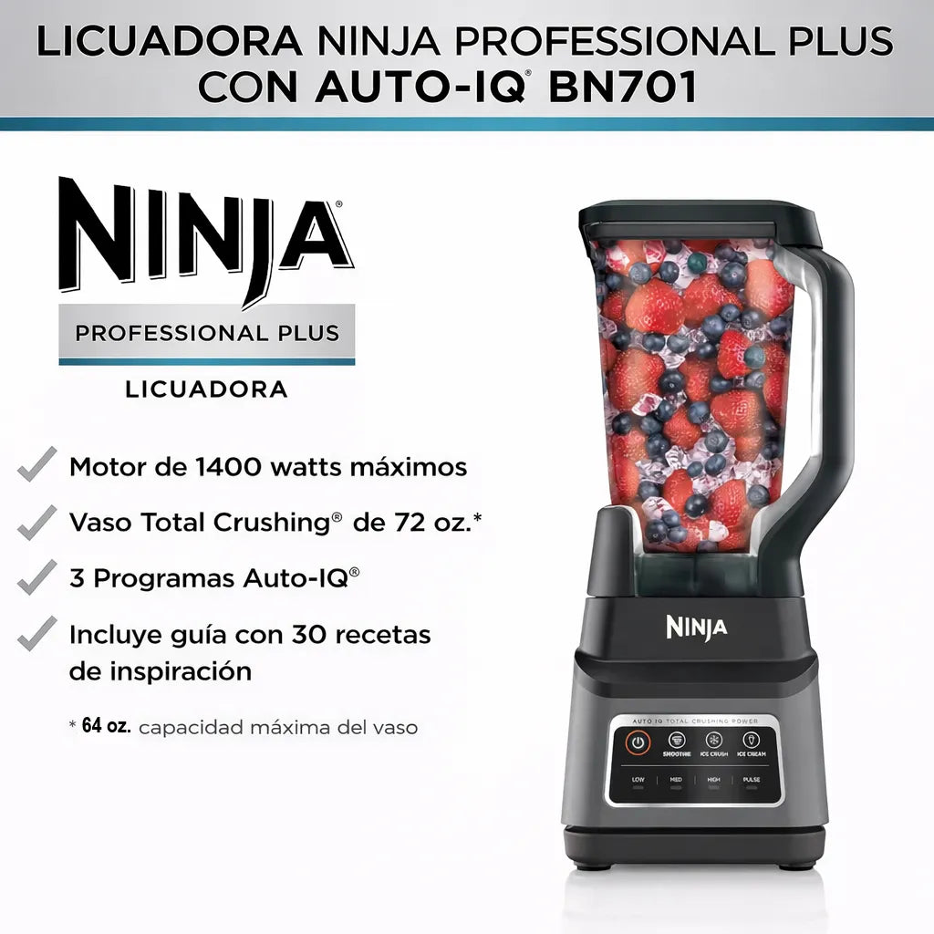 Licuadora Ninja Professional Plus con Auto-IQ BN701 en vista frontal con lista de características: motor de 1400 watts máximos, vaso Total Crushing de 72 oz y 3 programas Auto-IQ.