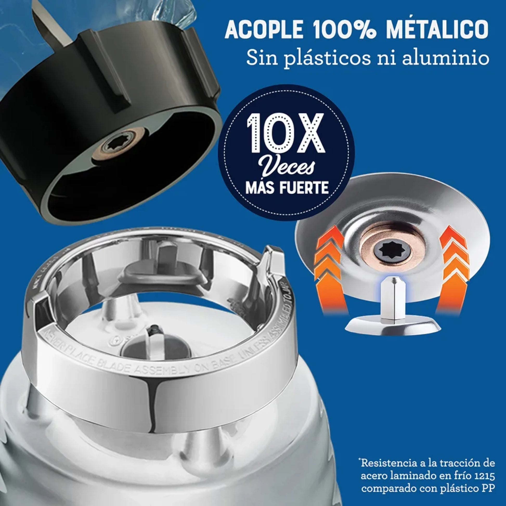Detalle del acople metálico de la licuadora Oster BLST4655, sistema resistente sin plásticos ni aluminio.