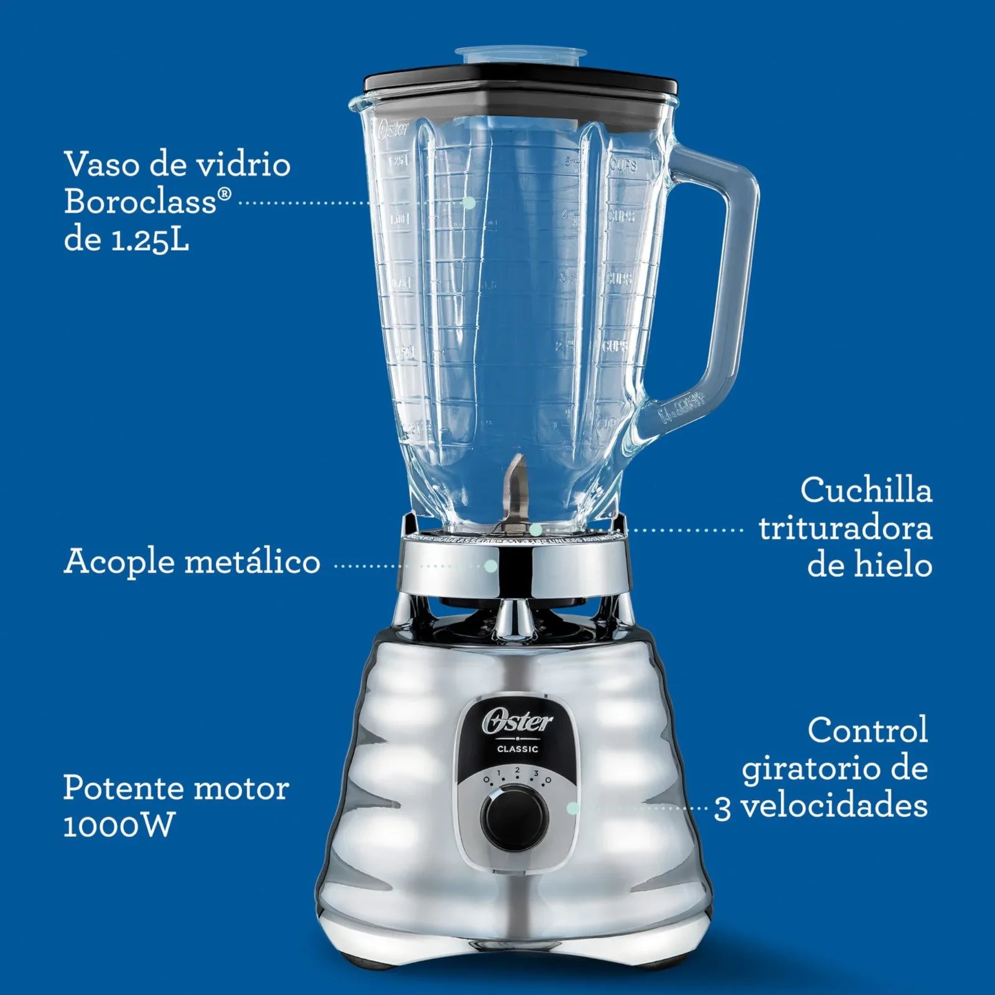 Licuadora Oster BLST4655 cromada con vaso Boroclass de 1.25 litros, acople metálico, motor de 1000 watts y control giratorio de 3 velocidades.
