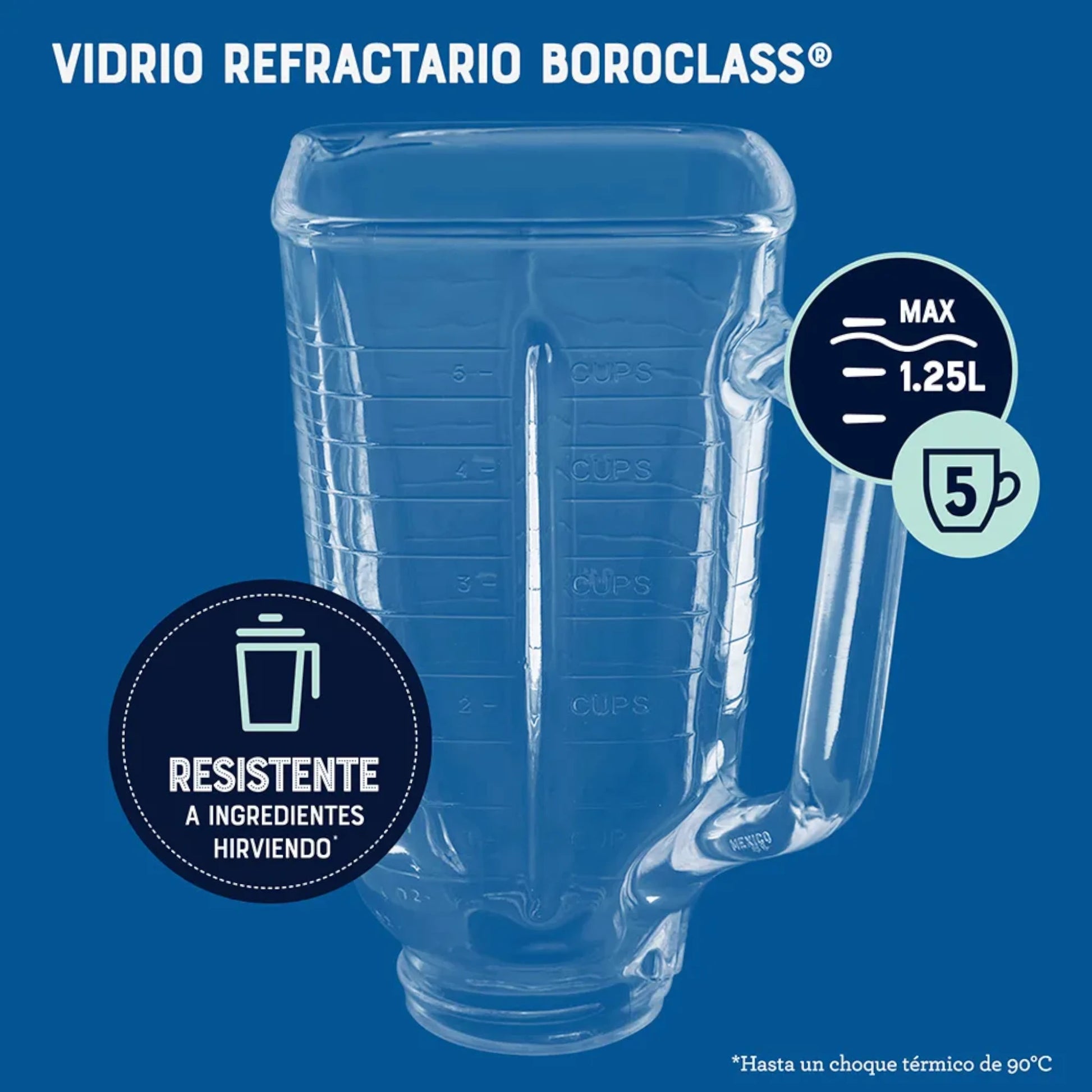 Vaso de vidrio refractario Boroclass de 1.25 litros para licuadora Oster BLST4655, resistente a ingredientes hirviendo.