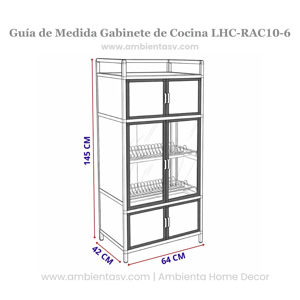 Guía de medida del gabinete de cocina LOTUS Home Collection modelo LHC-RAC10-6 en color negro con blanco marmoleado, con dimensiones de 64 cm de ancho, 42 cm de profundidad y 145 cm de alto.
