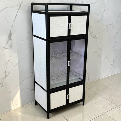 Gabinete de cocina LOTUS Home Collection negro con paneles blanco marmoleado de 64x42x145 cm, vista diagonal frontal izquierda, con puertas cerradas.