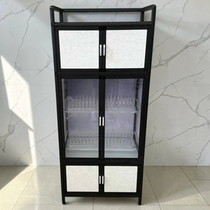 Gabinete de cocina LOTUS Home Collection negro con blanco marmoleado, medida 64x42x145 cm, vista frontal cerrada con compartimento superior, puertas centrales translúcidas y almacenamiento inferior.