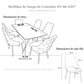 Infografía de medidas del juego de comedor Ambienta DT-06-2237: mesa 156×86×76 cm y sillas 95 cm de alto con respaldo 34×50 cm y asiento 48×44 cm, ilustración en blanco y negro.