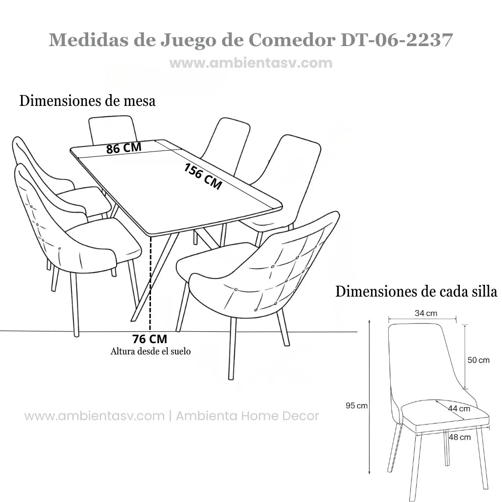 Infografía de medidas del juego de comedor Ambienta DT-06-2237: mesa 156×86×76 cm y sillas 95 cm de alto con respaldo 34×50 cm y asiento 48×44 cm, ilustración en blanco y negro.