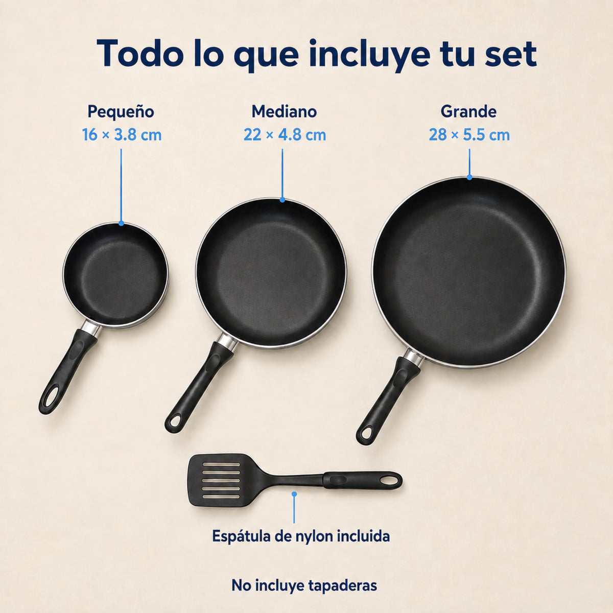 Medidas del set Caracol KFS2000: sartenes de 16 × 3.8 cm, 22 × 4.8 cm y 28 × 5.5 cm, con espátula de nylon y sin tapaderas.