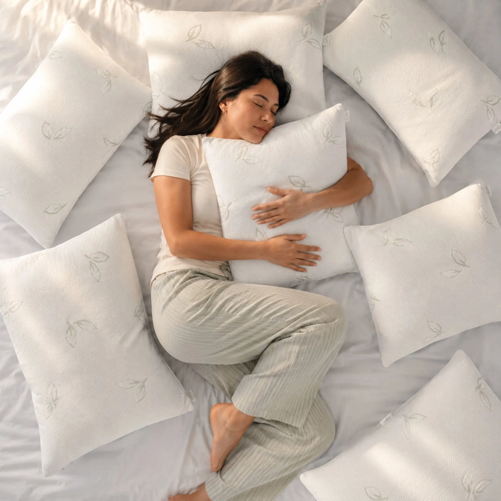 Mujer descansando sobre una cama mientras abraza una almohada de bambú Pacific Home blanca, rodeada de almohadas con tela transpirable.