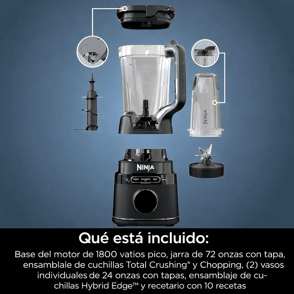 Set completo de la licuadora Ninja TB301 BlendSense con base de motor negra, jarra de 72 onzas con tapa, dos vasos individuales de 24 onzas, cuchillas Total Crushing y cuchilla Hybrid Edge.