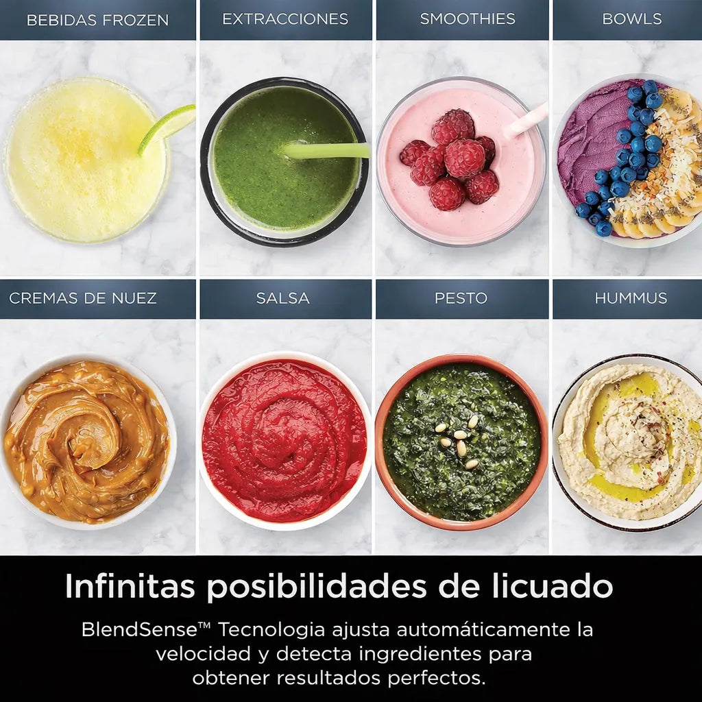 Collage de preparaciones hechas con la licuadora Ninja TB301 BlendSense: bebidas frozen, extracciones, smoothies, bowls, cremas de nuez, salsa, pesto y hummus.
