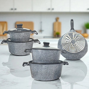 Batería de cocina NSFE Granite Professional color gris de 17 piezas, ollas apiladas y sartén con difusor de calor.