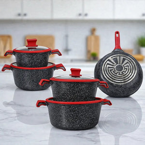 Batería de cocina NSFE Granite Professional color negro de 17 piezas, ollas apiladas y sartén con difusor de calor.