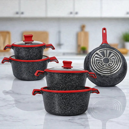 Batería de cocina NSFE Granite Professional color negro de 17 piezas, ollas apiladas y sartén con difusor de calor.