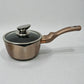 Olla con mango Berlinger Haus Metallic Line Rosegold BH-1224N de 16 x 7.5 cm con tapa de vidrio, cuerpo rosegold, mango largo ergonómico y vista lateral sobre fondo blanco.