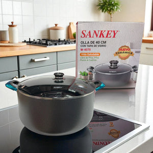 Olla Sankey de 40 cm modelo W-4070 con tapa de vidrio y empaque visible, ideal para cocinas modernas
