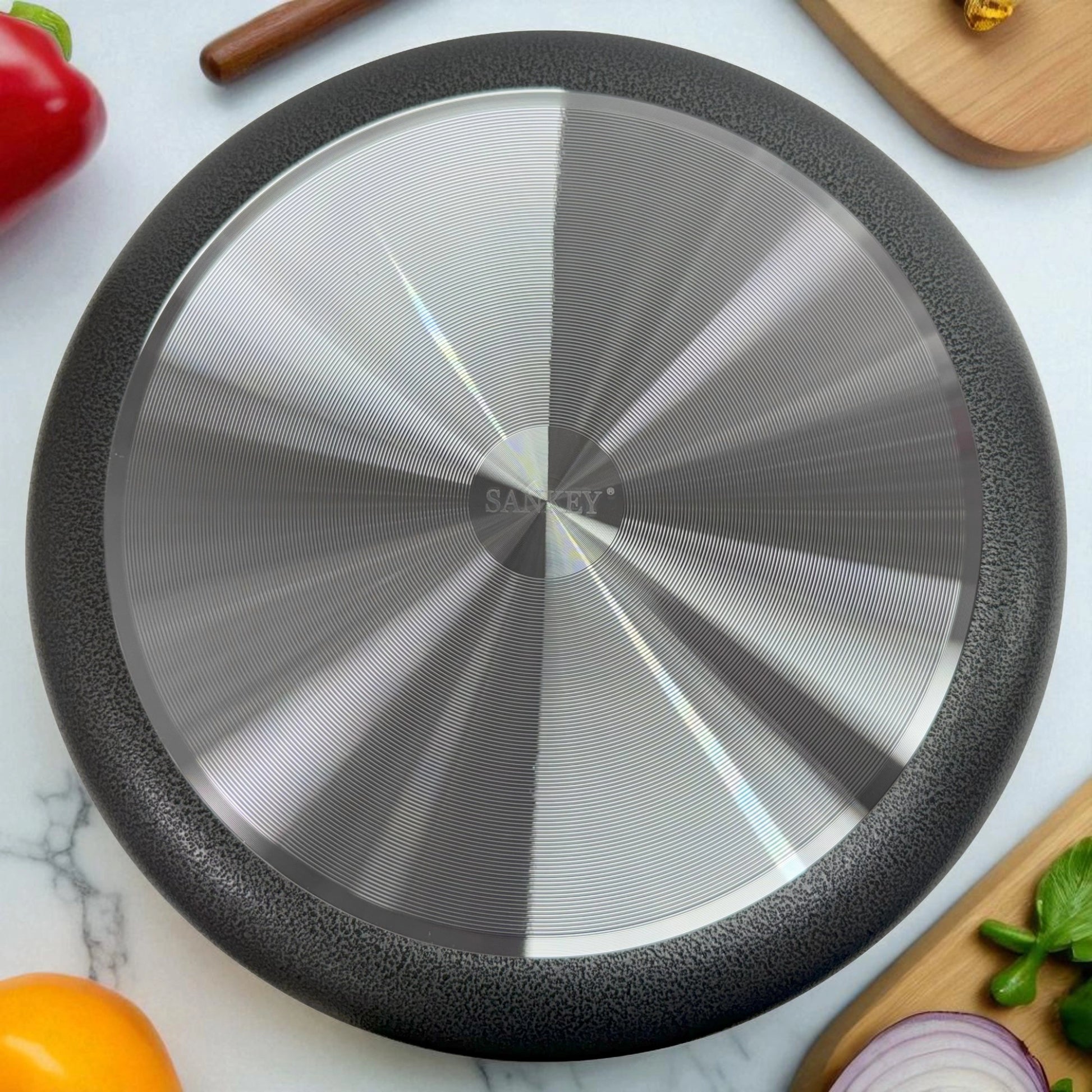 Base de olla Sankey con superficie de inducción y anillo de acero inoxidable, diseño antideslizante