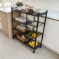 Organizador de cocina Ambienta Home Decor color negro con cuatro repisas, tres canastas y ruedas organizando frutas, verduras, libros, recipientes y accesorios en una cocina moderna.
