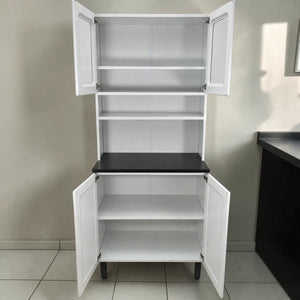 Organizador de cocina 2x1 Bertolini blanco con tablero negro y puertas abiertas, mostrando repisas internas superiores e inferiores.