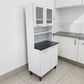 Vista angular lateral del organizador de cocina Bertolini blanco con tablero negro, mueble auxiliar 2x1 para almacenamiento y apoyo de cocina.