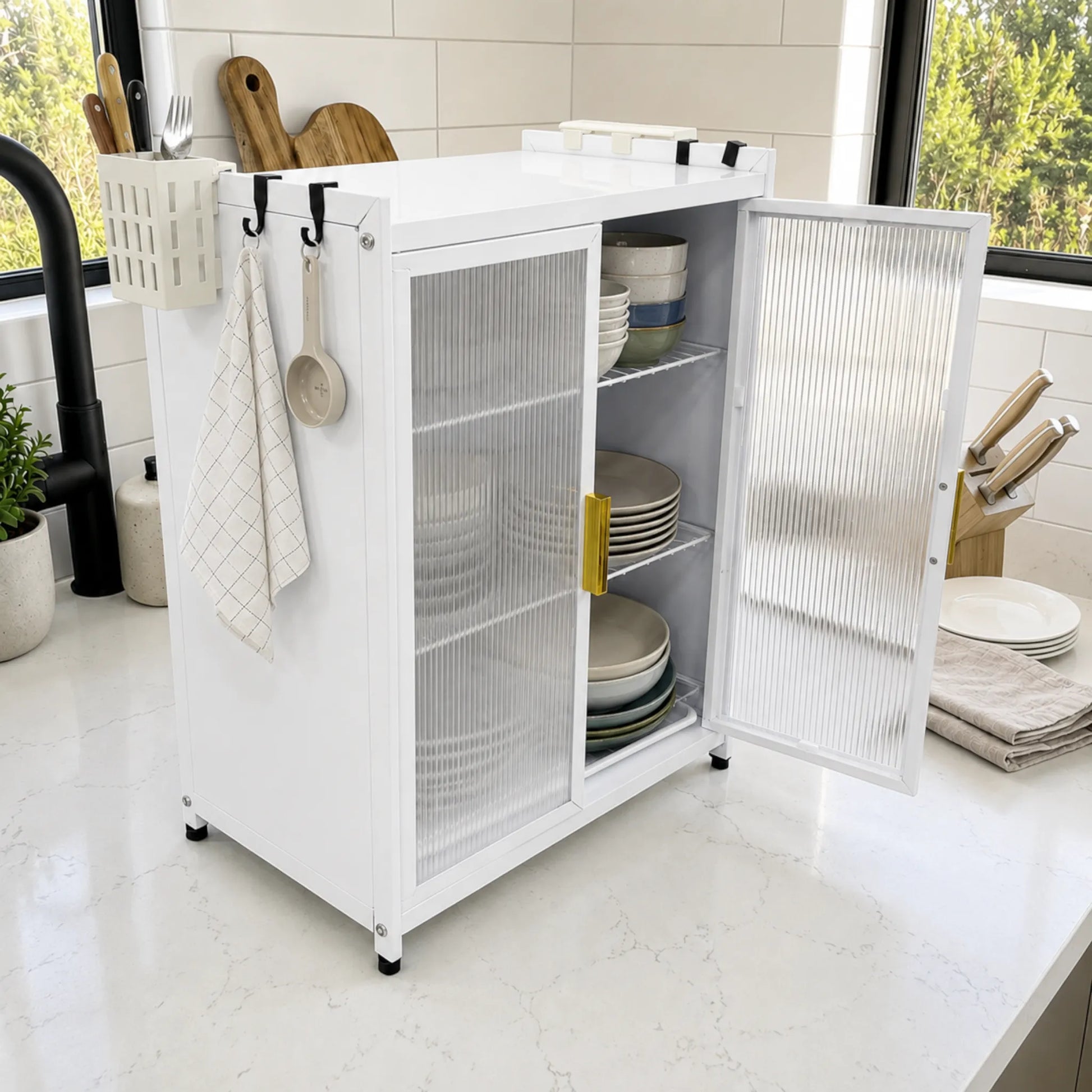Organizador de platos para cocina KC-801 Ambienta en color blanco, con puertas abiertas, vajilla organizada, porta cubiertos lateral, ganchos y porta cuchillos.
