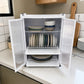Organizador de platos KC-801 Ambienta blanco con puertas abiertas, mostrando capacidad para platos, bowls y vajilla en cocina moderna de apartamento.